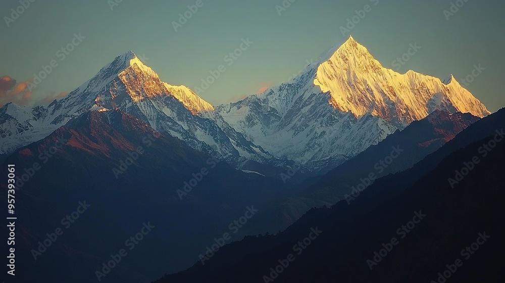 Poster a stunning view of a snow-capped mountain range with wispy clouds below