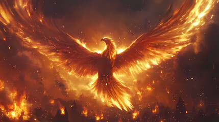 A phoenix rising from its ashes in a blaze of glory. Phoenix. Illustration