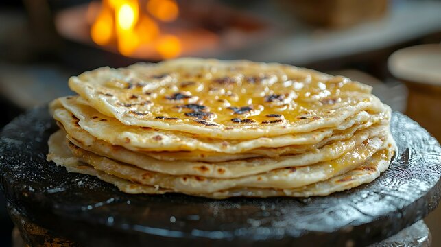 Freshly Baked Indian Flatbread Roti with Honey Drizzle