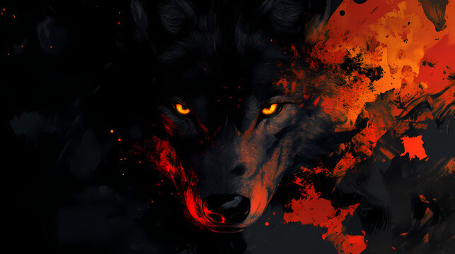 A wolf with yellow eyes and a black background with a red glow on its face and a black background with a red glow on its eyes. generative ai. Wolf. Illustration