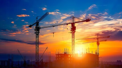 Naklejka premium A construction site at dawn with cranes silhouetted.