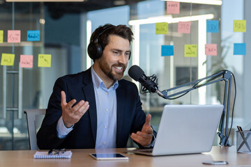 Professional podcaster recording engaging content in modern office setting