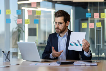 Businessman in virtual meeting presenting financial data