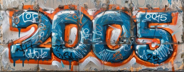 A vibrant graffiti mural prominently displays the year 2005 in blue and orange across a textured brick wall, showcasing urban art in a lively neighborhood