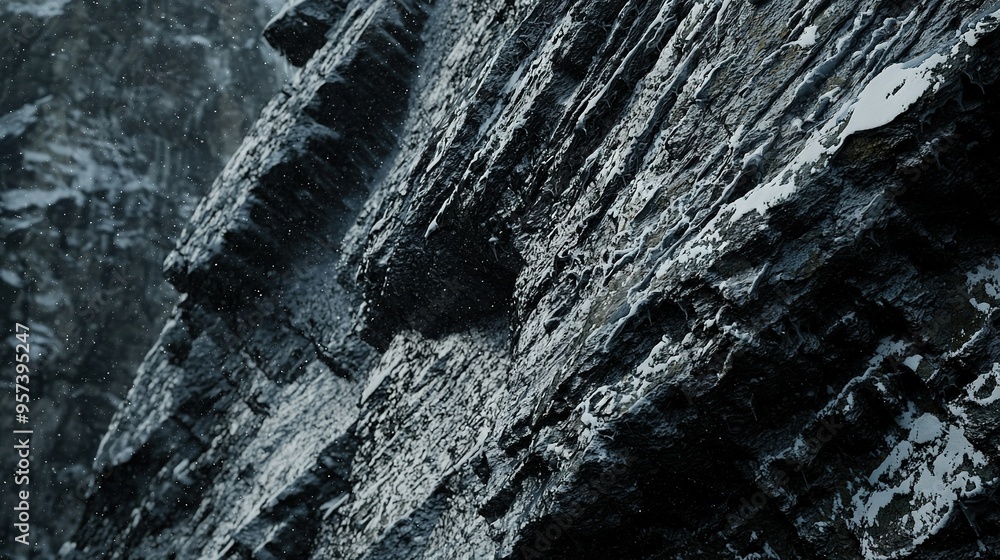 Poster a close-up of a snow-covered rock face with a snowy mountain in the background and trees surrounding