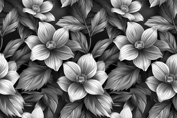 Seamless black and white flowers illustration pattern on black background. Generative ai