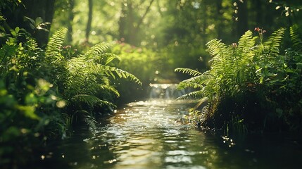  A lush green forest houses numerous trees, while a stream meanders through it