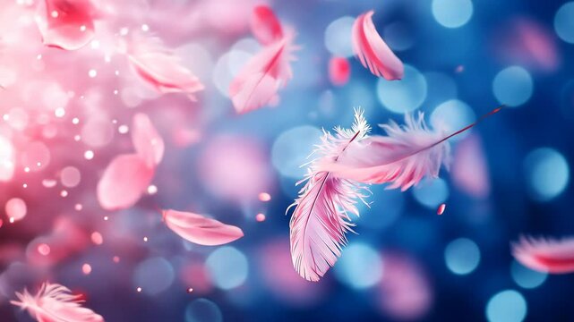 Pink feathers floating in the air, surrounded by pink petals and sparkling glitter.