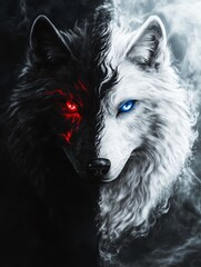 Eternal Balance: Black and White Wolves Under the Ying Yang Moon