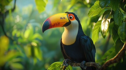 Fototapeta premium A vibrant toucan perched atop a verdant branch amidst emerald foliage, set against a backdrop of azure sky