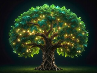 Tree with thick branches and leaves forming a 3D brain shape, glowing nodes representing active thoughts, on dark green background.