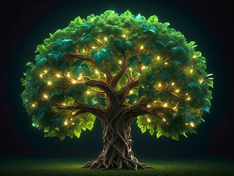 Tree with thick branches and leaves forming a 3D brain shape, glowing nodes representing active thoughts, on dark green background.