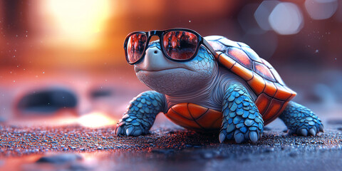 Cool turtle wearing sunglasses with a sunset in the background.