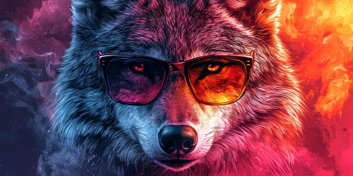 A wolf with sunglasses and a cool attitude, looking sharp in a fiery, colorful background.