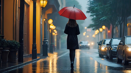 Obraz premium constant rain the most beautiful hypnotizing on the street of the city, girl with an umbrella in the rain on the street of the city