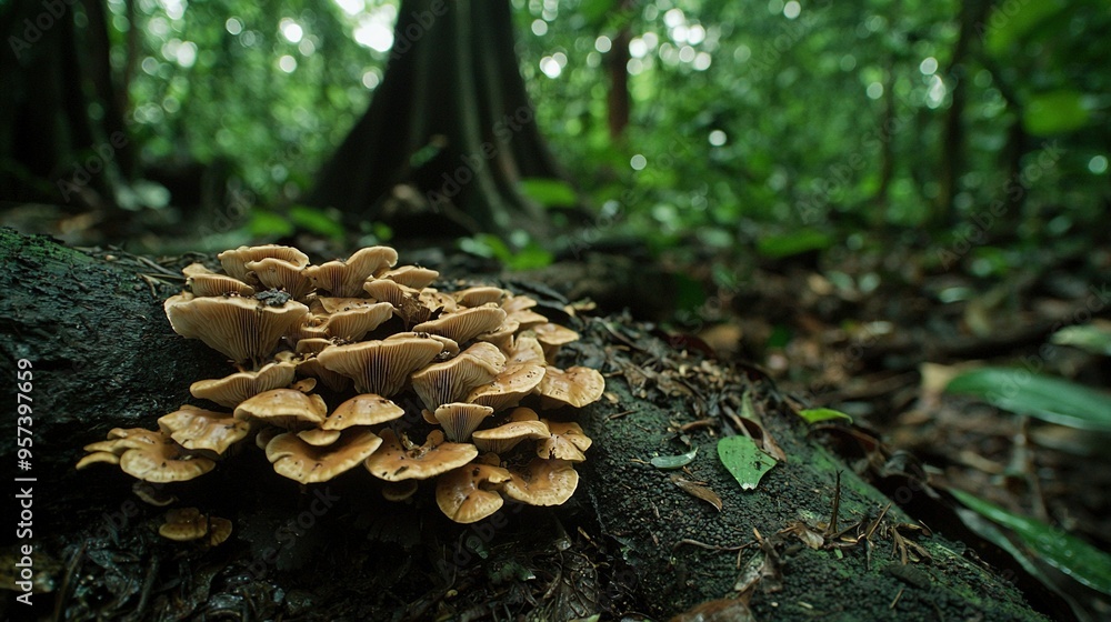 Poster a close-up of a mushroom on a tree surrounded by a dense forest