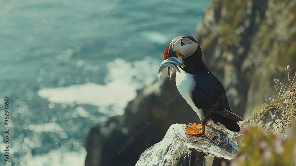 Poster a bird with a fish in its beak on a rock near the ocean and a cliff in the background