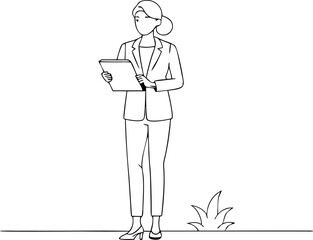 continuous single line drawing of lady entrepreneur holding digital tablet pad standing , line art vector illustration