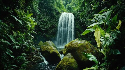 Obraz premium Waterfall surrounded by lush greenery and large rocks in the foreground