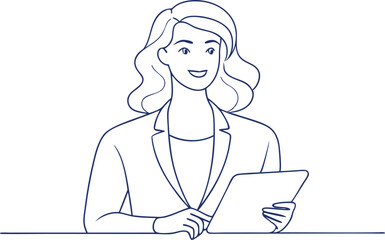 continuous single line drawing of lady entrepreneur holding digital tablet pad standing , line art vector illustration