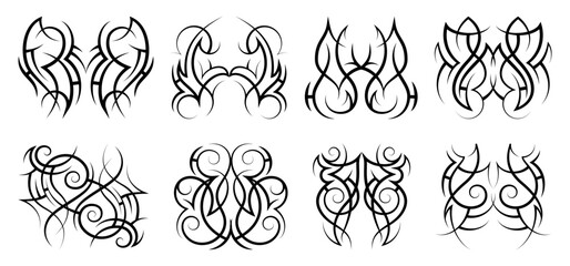 Neo abstract tribal tattoo set. Mirror black shoulder tattoo. Cyber sigilism style hand drawn ornament. Celtic gothic body ornament shapes. Maori ethnic elements isolated on white backdrop. Sketch art