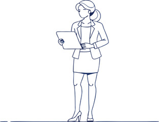 continuous single line drawing of lady entrepreneur holding digital tablet pad standing , line art vector illustration