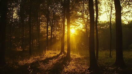 Obraz premium The sun filters through the tall trees in a wooded area with lush grass in the foreground