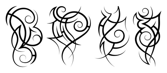 Neo abstract tribal tattoo set. Vertical black shoulder tattoo. Cyber sigilism style hand drawn ornament. Celtic gothic sleeve ornament shapes. Maori curl ethnic signs isolated on white background