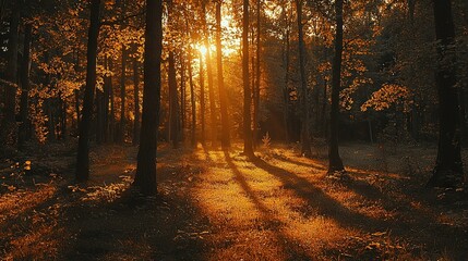 Fototapeta premium Sunlight filters through tall green and yellow trees in a leafy forest
