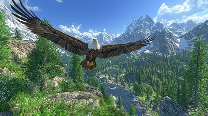 Fototapeta premium Large bird soaring above lush green forest beside snow-capped mountains