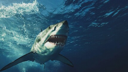   Great white shark with open mouth, swimming in ocean under shining sun
