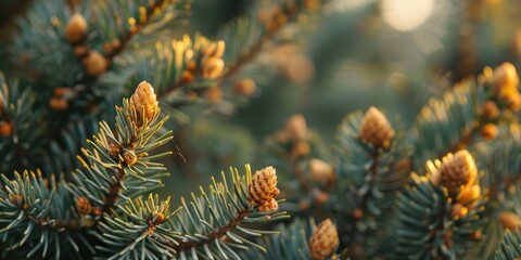 Dried brown buds and vibrant green needles close up on a fir tree with shallow depth of field highlighting texture and color contrast