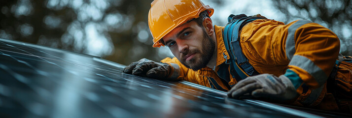 A construction worker in a yellow jumpsuit and hard hat inspects solar panels on a roof.