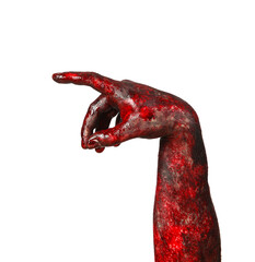 Hand of zombie pointing at something on white background. Halloween celebration