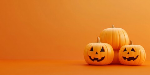 Halloween orange background with jack-o'-lantern pumpkin, black bats, and spider for seasonal banners - holiday, decoration, autumn