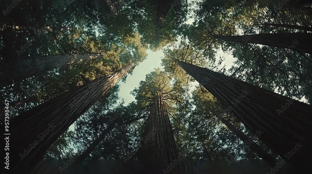 Poster a cluster of towering trees adjacent to one another in a dense forest surrounded by numerous tall tr