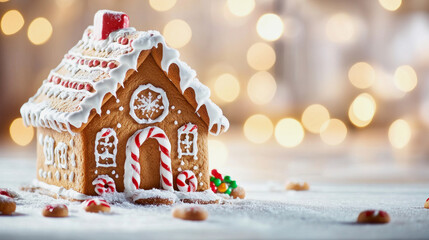 Obraz premium illustration of sugar decoration on a gingerbread house, blurred fairy lights bokeh in the background