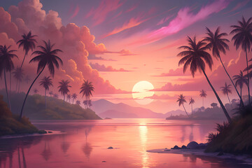 Fototapeta premium pink sunset on the palm beach illustration