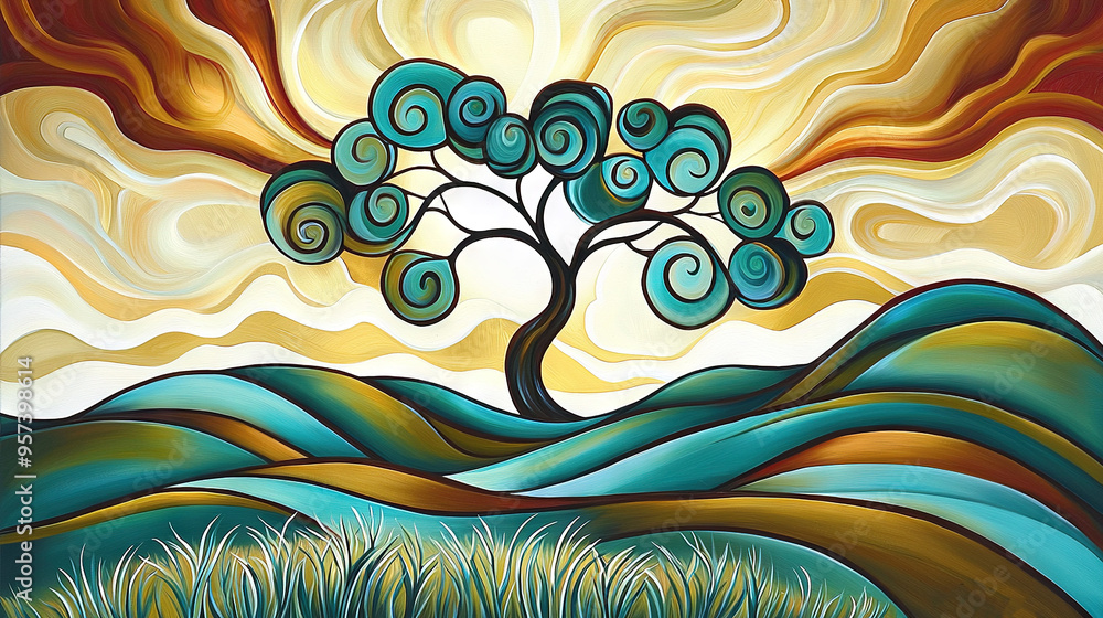 Poster a tree stands tall in a field, its lush leaves framing the canvas of the sky soft clouds part to rev
