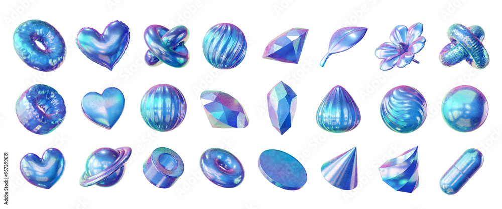 Poster holographic objects decoration set pack isolated background 3d rendering