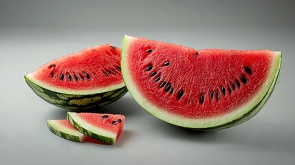   Group of overlapping watermelon slices on gray countertop
