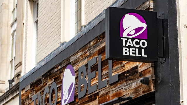 A Taco Bell Storefront Sign outside the store in Leicester, 22 August 2024, Leicester UK	