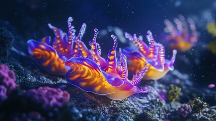   Close-up photo of a vibrant purple and yellow sea anemone on a coral reef, surrounded by various corals