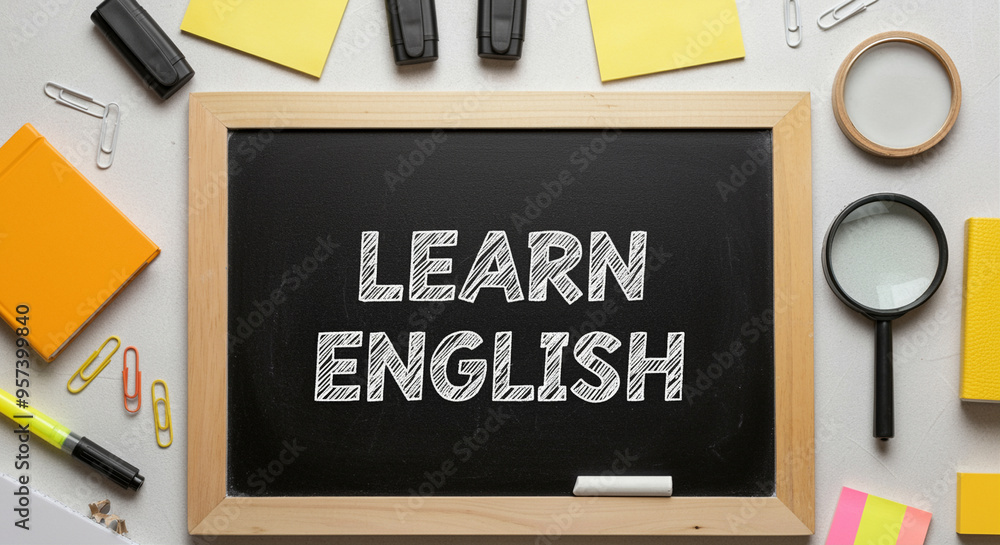 Poster chalkboard with learn english message and study tools for education