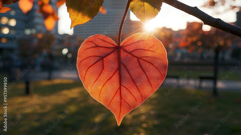 Poster a heart-shaped leaf dangles from a tree branch with sunlight streaming through a nearby building