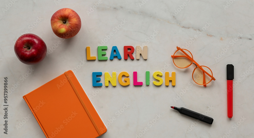 Poster learning materials with colorful letters apple notebook and glasses for english language learning