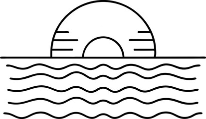 Minimalist Sun Over Waves Vector Illustration with Gradient Orange Sunset and Simple Line Art