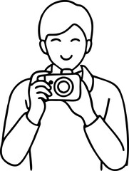 Line Art Illustration of a Smiling Person Holding a Camera Capturing a Picture in Minimalistic Black and White Style