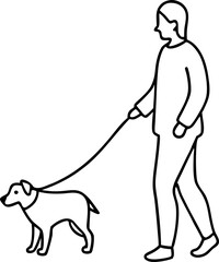 Minimalist Line Drawing of a Person Walking a Dog on a Leash in a Simple Outline Style