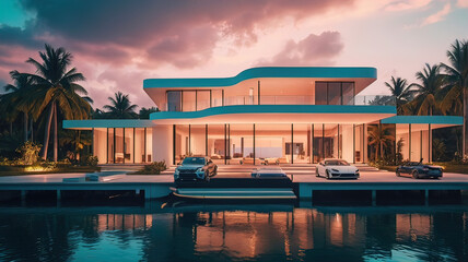 Fototapeta premium a modern mega-mansion with a pier and a boat tied to it,